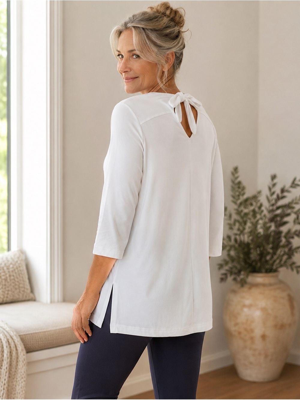 J Jill Fit Womens Tie Back Tunic Top Sz M Ivory Tencel Jersey Athleisure Shirt